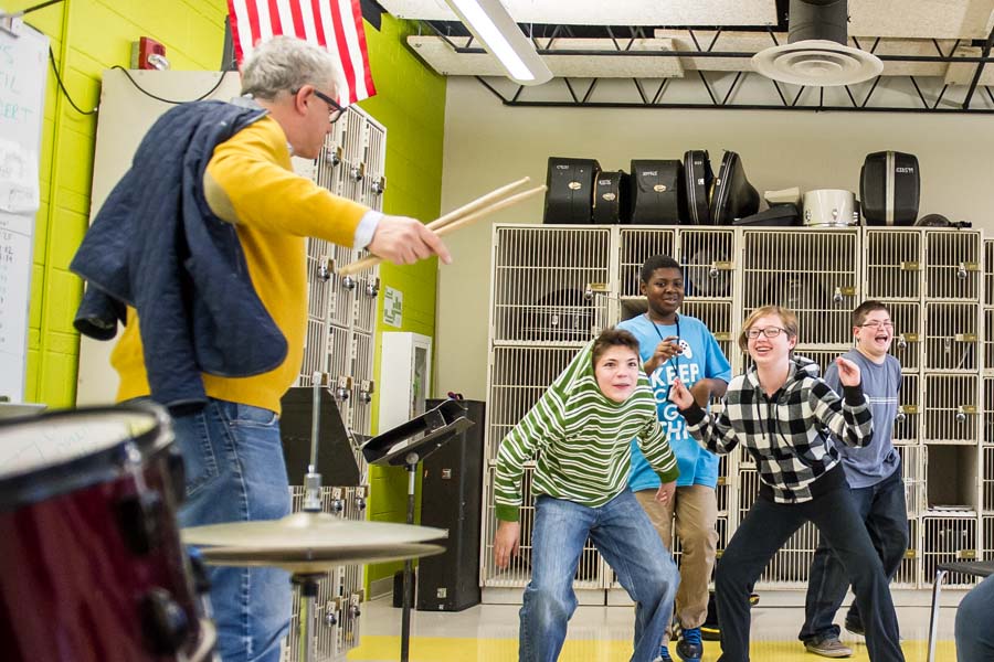 Renowned jazz drummer Matt Wilson with middle school students in Galesburg during the 2015 Mirza Jazz Residency at Knox College.