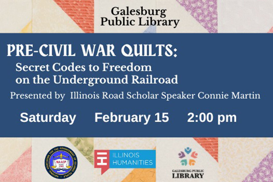 A quilt in the background has writing over it with details on the Pre-Civil War Quitls event.