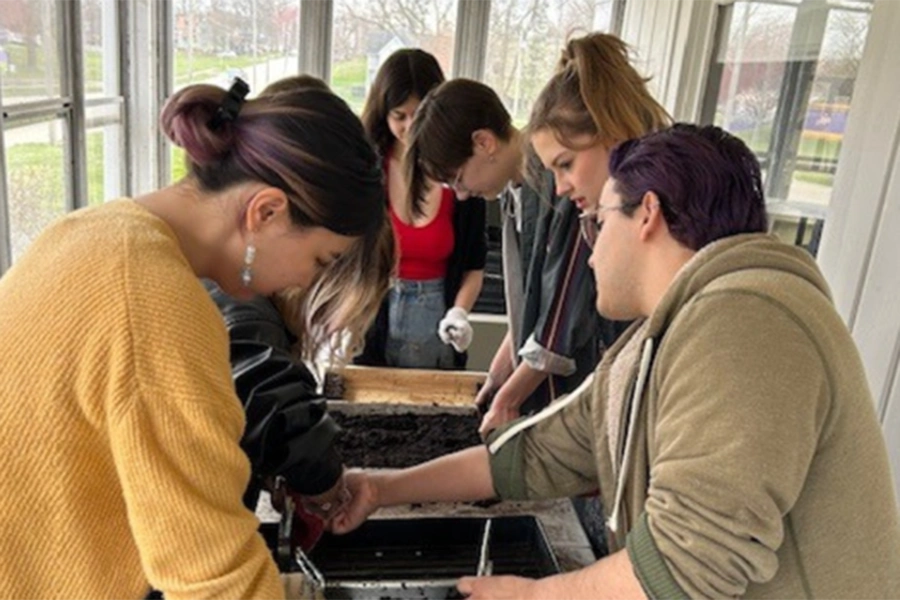 Several students work together in soil.