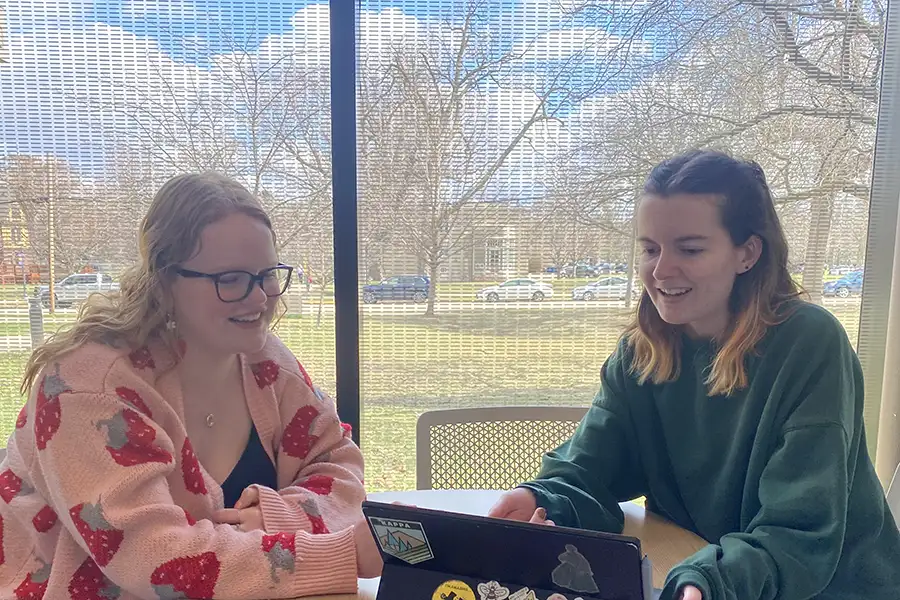 Two students sit at a table in front of a window, with a laptop between the two of them.