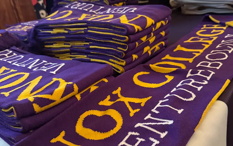 Purple and gold Knox College Venture Boldly scarves lined up on a table.